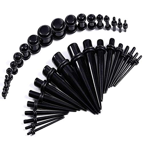 OFNMY - Juego completo de 36 piezas de dilatadores de oreja de acrílico para pendientes y tapones de túnel negro con doble anilla para piercing de joyería – 1,6 mm – 10 mm / 14 G – 00 G