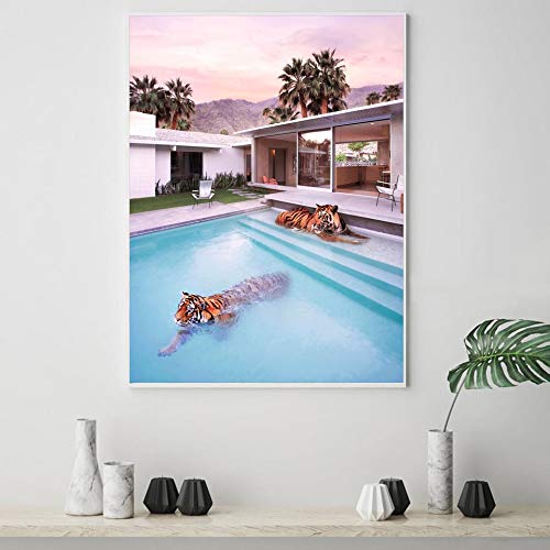 oioiu Cartel nórdico de Coche Rosa Paisaje Arte de Pared Natural Lienzo Pintura Cartel de Viaje e impresión Imagen de Sala de Estar sin Marco