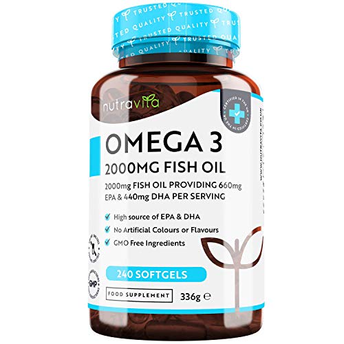 Omega 3 (2000 mg) - 660 mg de EPA y 440 mg de DHA - 240 Capsulas de Gel Suave de Aceite de Pescado Puro (Suministro para 4 meses) - Hecho en el Reino Unido por Nutravita
