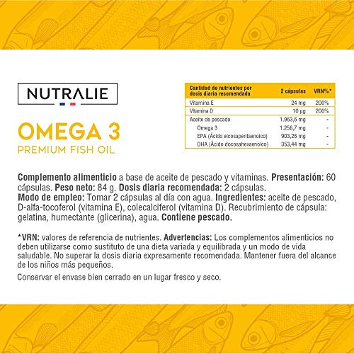 Omega 3 2000mg + Vitaminas D3 y E | 1250mg EPA-DHA por Dosis | Aceite de Pescado Altamente Concentrado 60 Cápsulas | Nutralie