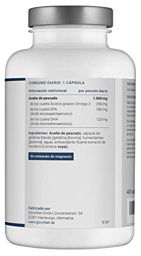 Omega 3 Aceite de Pescado - 400 Cápsulas de Alta Potencia (Suministro para 14 meses) - 1000mg por Cápsula - Con ácidos grasos Omega 3 EPA y DHA