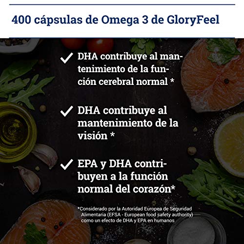 Omega 3 Aceite de Pescado - 400 Cápsulas de Alta Potencia (Suministro para 14 meses) - 1000mg por Cápsula - Con ácidos grasos Omega 3 EPA y DHA