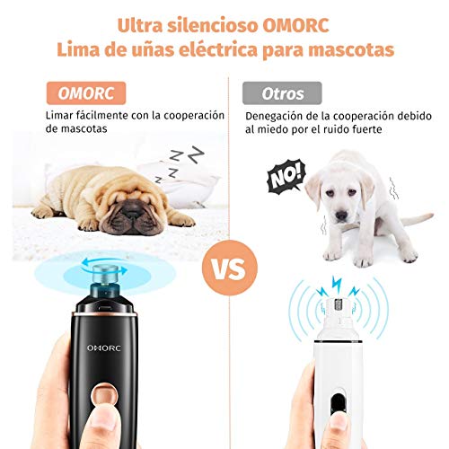 OMORC Lima de Uñas Eléctrica para Perros, 2 Ruedas de Molienda y 4 Puertos para Perros, Gatos. Amoladora del Clavo Recargable y Ultrasilenciosa para Recortar y Alisar Suavemente Uñas de Perros Gatos.