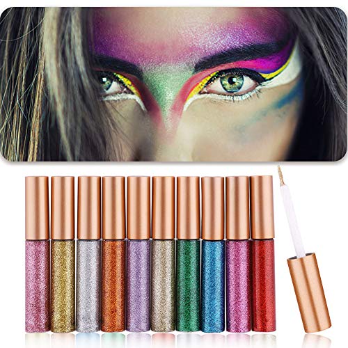 Onewell 10 Colour Shiny Glitter Liquid Eyeliner, Glitter Eyeliners Set High Pigmented, Long Lasting Waterproof Glitter Liquid Eyeliner Eye Shadow Pen for Wedding Party Cosplay Makeup Eye Liner