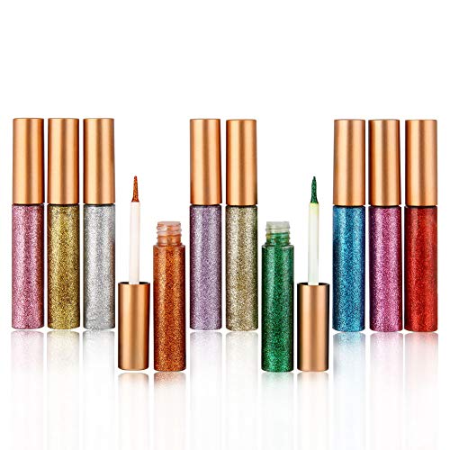 Onewell 10 Colour Shiny Glitter Liquid Eyeliner, Glitter Eyeliners Set High Pigmented, Long Lasting Waterproof Glitter Liquid Eyeliner Eye Shadow Pen for Wedding Party Cosplay Makeup Eye Liner