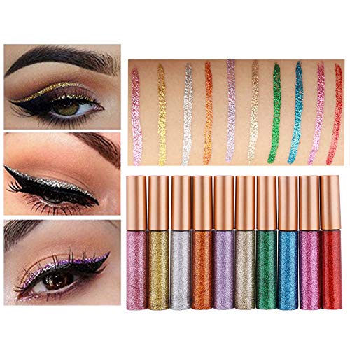 Onewell 10 Colour Shiny Glitter Liquid Eyeliner, Glitter Eyeliners Set High Pigmented, Long Lasting Waterproof Glitter Liquid Eyeliner Eye Shadow Pen for Wedding Party Cosplay Makeup Eye Liner