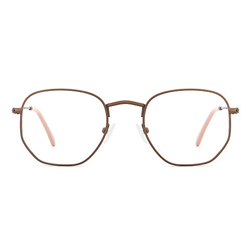 OQ CLUB Gafas Rectangular Pequeño Bloqueo Luz Azul Optical Eyewear para Mujer Lente hexagonal(Bronceador/Rosado)