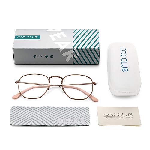 OQ CLUB Gafas Rectangular Pequeño Bloqueo Luz Azul Optical Eyewear para Mujer Lente hexagonal(Bronceador/Rosado)