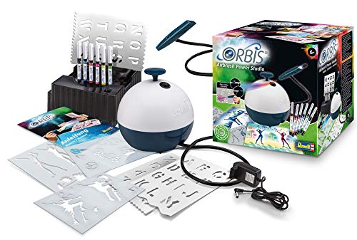 Orbis 30020 Airbrush Power Studio, Juego Completo con Compresor y Accesorios, Insertar el Cartucho y Empezar a pulverizar, Sistema de aerógrafo para niños y Adultos creativos, fácil y Limpio