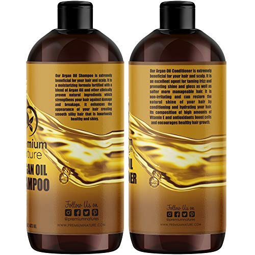 Organic Argan Oil Shampoo 16 oz and Argan Oil Conditioner 16 oz, Sulfate Free, Hair Repair Combo Set of 2 by Premium Nature by Premium Nature