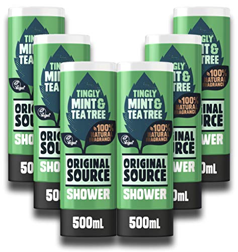 Original Source Mint & Tea Tree Gel de ducha vegano con fragancia 100% natural, paquete de 6 x 500 ml