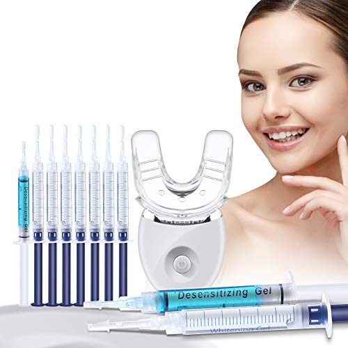 OriHea Kits de blanqueamiento de dientes de luz LED, 5 veces más potente luz LED azul, (8) gel blanqueador de dientes de 3 ml, (2) gel desensibilizador de 3 ml, juego de sonrisa blanca con bandeja de