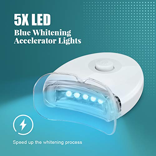 OriHea Kits de blanqueamiento de dientes de luz LED, 5 veces más potente luz LED azul, (8) gel blanqueador de dientes de 3 ml, (2) gel desensibilizador de 3 ml, juego de sonrisa blanca con bandeja de