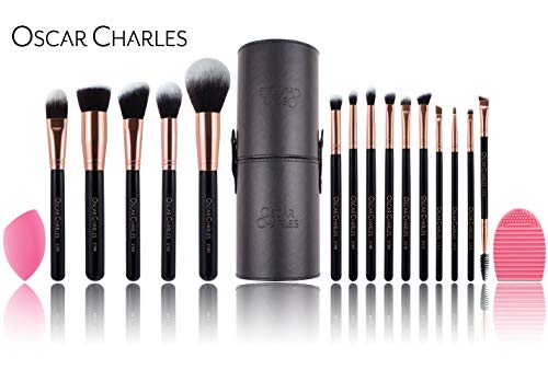 Oscar Charles Juego de brochas de maquillaje profesional con mezclador de belleza y limpiador en elegante estuche de brochas, presentado en una hermosa caja de regalo [15 piezas] [Oro rosa]