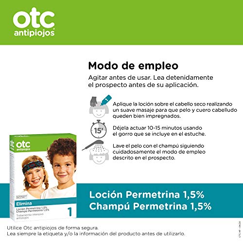 OTC Antipiojos - Pack Permetrina para Eliminar Piojos y Liendres, incluye Loción (125 ml) + Champú (125 ml) + Gorro + Lendrera