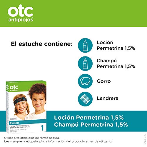 OTC Antipiojos - Pack Permetrina para Eliminar Piojos y Liendres, incluye Loción (125 ml) + Champú (125 ml) + Gorro + Lendrera