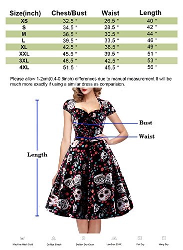 oten Vestido de Fiesta de Rockabilly del Estampado del cráneo del azúcar Floral de la Navidad de la Navidad Mujeres