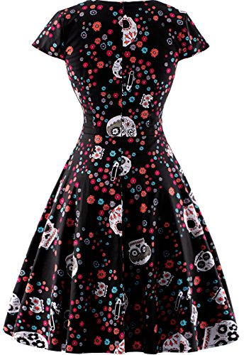 oten Vestido de Fiesta de Rockabilly del Estampado del cráneo del azúcar Floral de la Navidad de la Navidad Mujeres