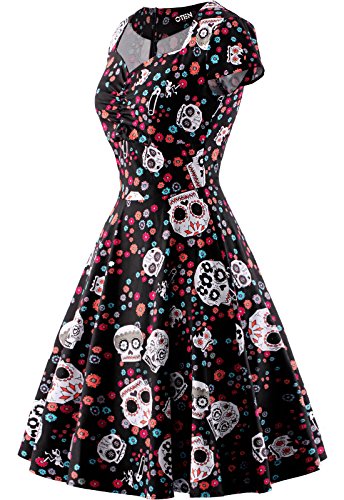 oten Vestido de Fiesta de Rockabilly del Estampado del cráneo del azúcar Floral de la Navidad de la Navidad Mujeres