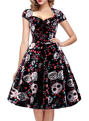 oten Vestido de Fiesta de Rockabilly del Estampado del cráneo del azúcar Floral de la Navidad de la Navidad Mujeres