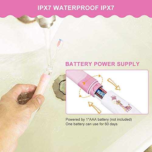 OTraki Cepillo Electrico Dientes Infantil Temporización Inteligente Sonico Cepillo Dientes Bebe con LED Luz, Limpieza Dental Niños Impermeable con 2 Cabezas Extra Suaves para Edad 3+ (Rosa)