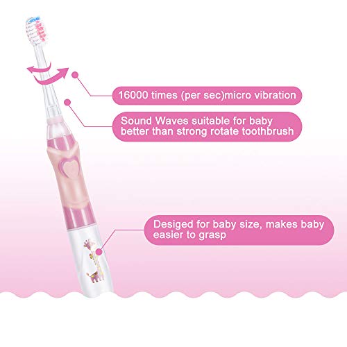 OTraki Cepillo Electrico Dientes Infantil Temporización Inteligente Sonico Cepillo Dientes Bebe con LED Luz, Limpieza Dental Niños Impermeable con 2 Cabezas Extra Suaves para Edad 3+ (Rosa)