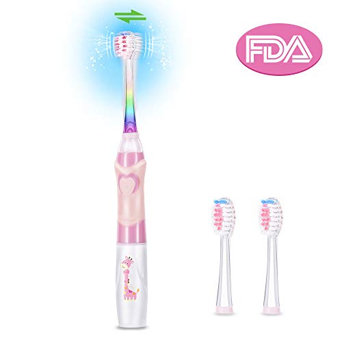 OTraki Cepillo Electrico Dientes Infantil Temporización Inteligente Sonico Cepillo Dientes Bebe con LED Luz, Limpieza Dental Niños Impermeable con 2 Cabezas Extra Suaves para Edad 3+ (Rosa)