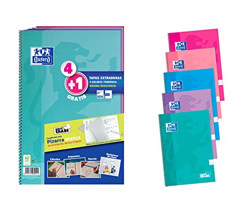 Pack 4+1 Cuadernos Folio(A4) Oxford. Tapa Extradura Write&Erase. 80 Hojas cuadrícula 4x4. Surtido tendencia
