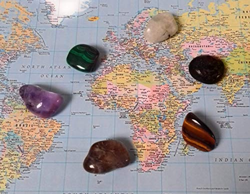 Pack de 6 piedras/cristales para viajeros - Malaquita, amatista, piedra de luna arcoíris, cuarzo ahumado, turmalina negra y ojo de tigre