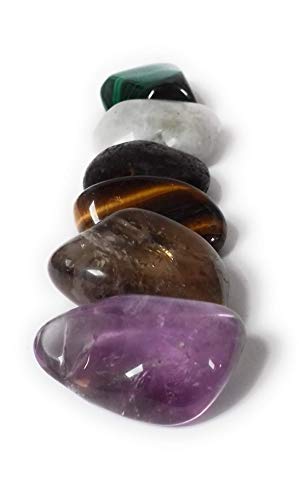 Pack de 6 piedras/cristales para viajeros - Malaquita, amatista, piedra de luna arcoíris, cuarzo ahumado, turmalina negra y ojo de tigre