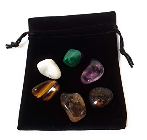 Pack de 6 piedras/cristales para viajeros - Malaquita, amatista, piedra de luna arcoíris, cuarzo ahumado, turmalina negra y ojo de tigre
