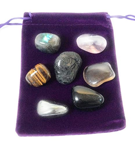 Pack de 7 piedras protectoras: turmalina – labradorita – obsidiana – amatista – cuarzo ahumado – hematita – ojo de tigre