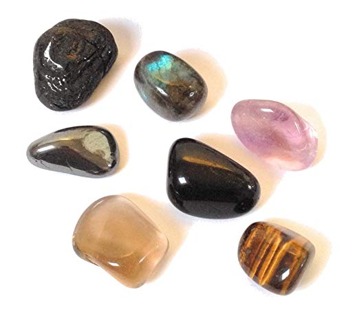 Pack de 7 piedras protectoras: turmalina – labradorita – obsidiana – amatista – cuarzo ahumado – hematita – ojo de tigre