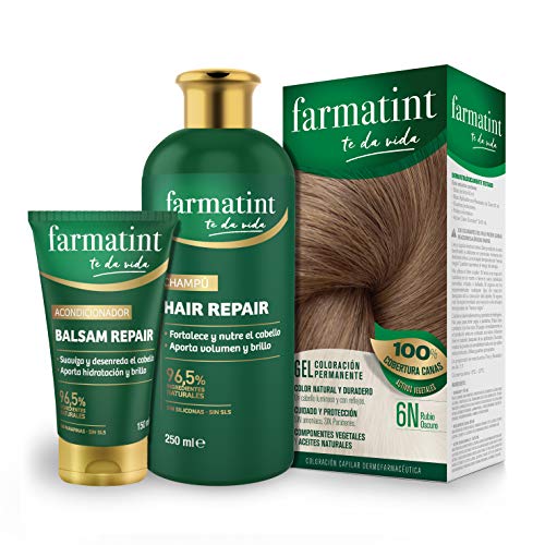 Pack Farmatint - Tinte 6N Rubio Oscuro + Acondicionador reparador + Champú 96,5% ingredientes naturales - Color natural y duradero - Componentes vegetales y aceites naturales - Sin amoníaco