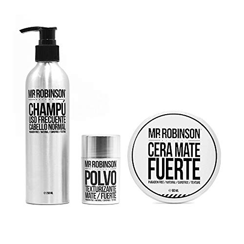 Pack regalo para hombre: champú, cera y polvos para peinado | Kit de cuidado personal para hombre Mr. Robinson Belfort | Cuidado para el pelo profesional | Sin parabenos
