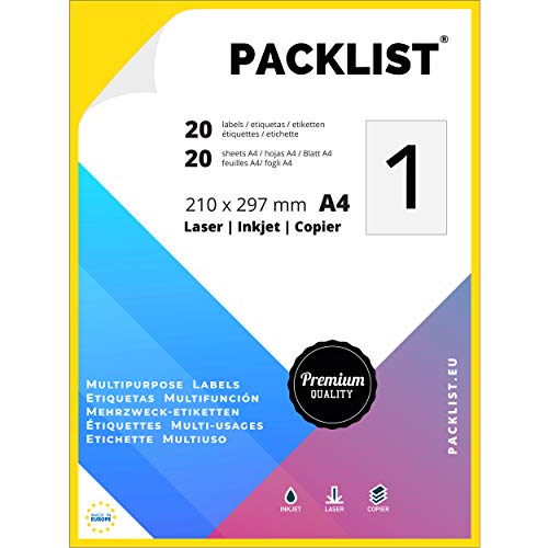 PACKLIST 20 Etiquetas Adhesivas A4 - Etiquetas impresora 210 x 297 mm. 20 Hojas Papel Pegatina para Imprimir A4-1 Etiqueta por Hoja - Papel Adhesivo para Imprimir - Papel de Pegatina para Imprimir
