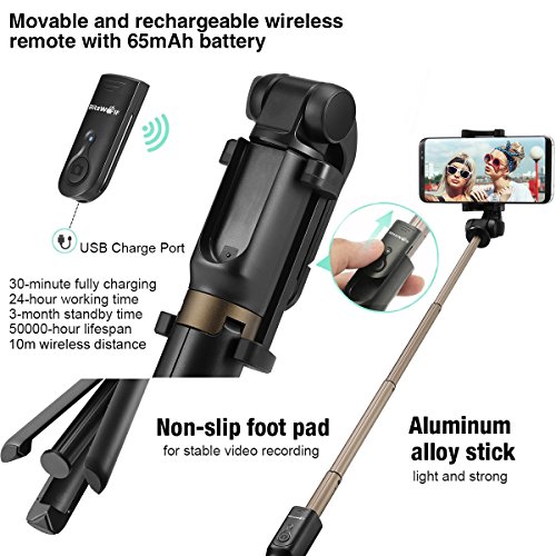 Palo Selfie Trípode con Control Remoto para iPhone 6 6s 7 7plus Android Samsung Galaxy de 3.5-6 Pulgadas - BlitzWolf 3 en 1 Monópode Extensible Mini Selfie Stick Bolsillo Inalámbrico 360° Rotación