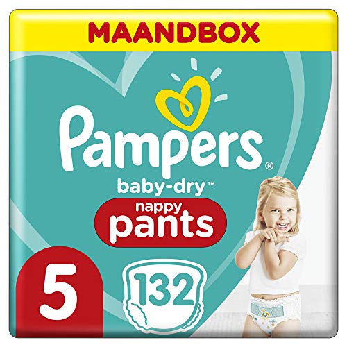 Pampers - Baby Dry Pants - Pañales talla 5 (12-17 kg) - Pack 1 mes (x132 bragas) Easy-On para hasta 12 horas de secado transpirable, paquete mensual: el empaque puede variar
