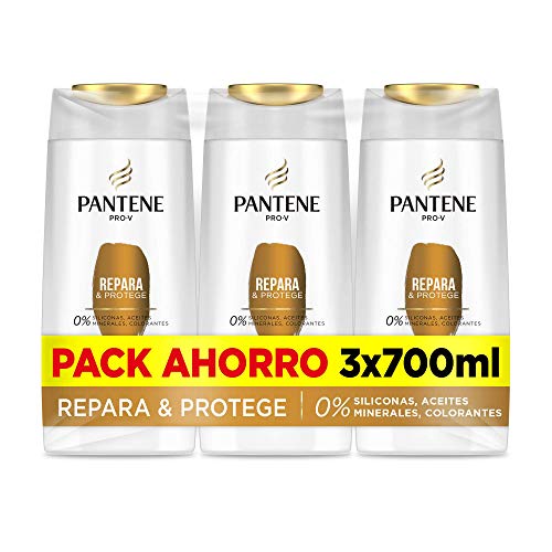 Pantene Pro-V Repara y Protege, Champú sin Colorantes Pelo Seco y Dañado - Pack Ahorro 3 x 700 ml, 0% siliconas, 0% aceites minerales, 0% colorantes, pelo 100% más fuerte