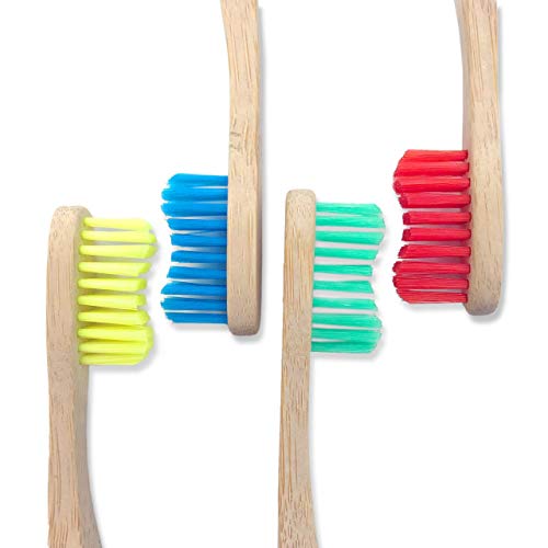 Paquete de 4 cepillos de dientes hechos de bambú, tamaño mediano, suaves, cerdas de color artesanal, veganos, ecológicos, sin BPA, biodegradables, paquete familiar de 4, higiene dental