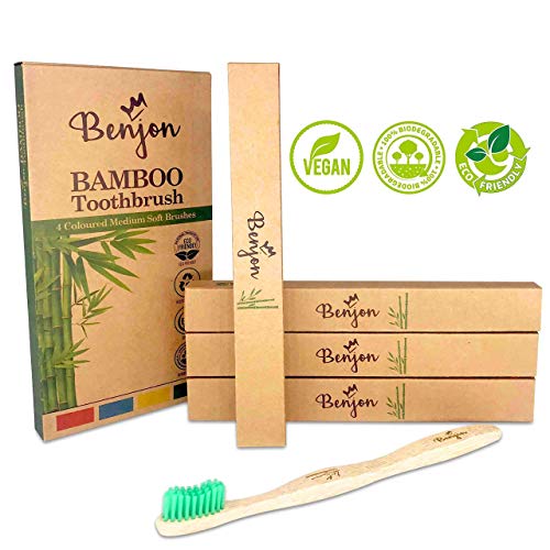 Paquete de 4 cepillos de dientes hechos de bambú, tamaño mediano, suaves, cerdas de color artesanal, veganos, ecológicos, sin BPA, biodegradables, paquete familiar de 4, higiene dental