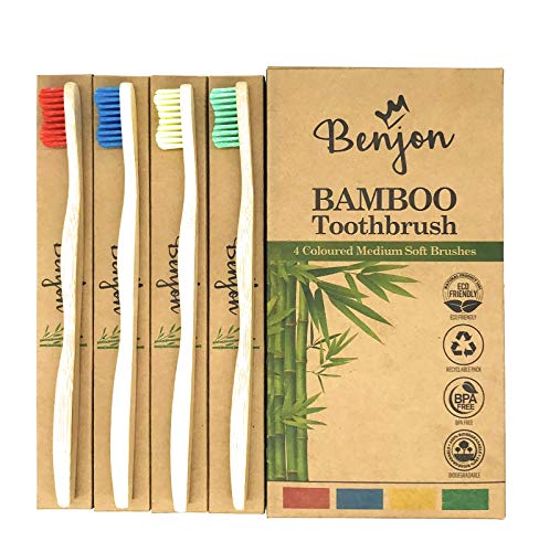 Paquete de 4 cepillos de dientes hechos de bambú, tamaño mediano, suaves, cerdas de color artesanal, veganos, ecológicos, sin BPA, biodegradables, paquete familiar de 4, higiene dental