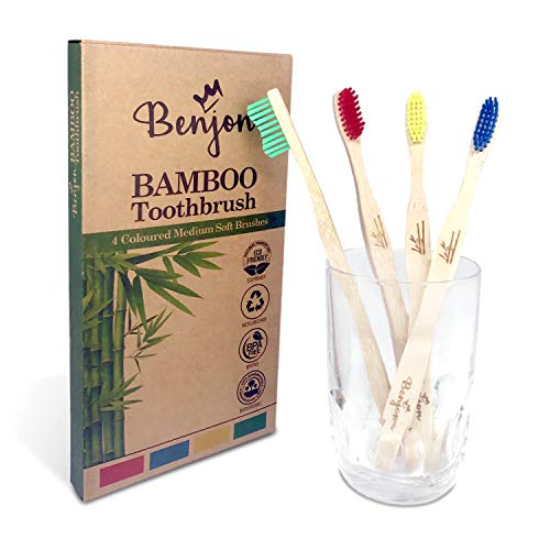 Paquete de 4 cepillos de dientes hechos de bambú, tamaño mediano, suaves, cerdas de color artesanal, veganos, ecológicos, sin BPA, biodegradables, paquete familiar de 4, higiene dental