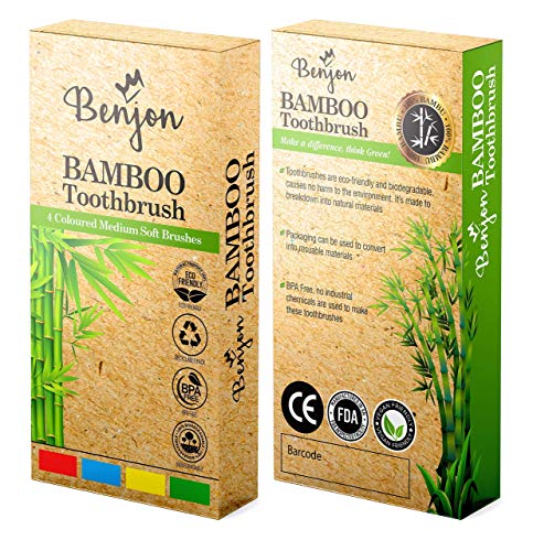 Paquete de 4 cepillos de dientes hechos de bambú, tamaño mediano, suaves, cerdas de color artesanal, veganos, ecológicos, sin BPA, biodegradables, paquete familiar de 4, higiene dental