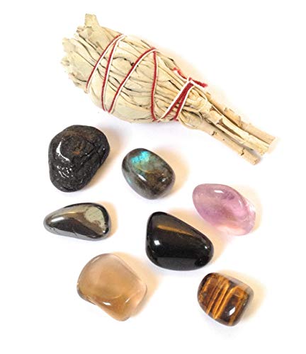 Paquete de piedras protectoras y salvia: Turmalina, labradorita, obsidiana, amatista, cuarzo ahumado, hematita, ojo de tigre, salvia blanca de california natural y fresca.