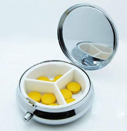 Pastillero de bolsillo con diseño moderno y estampado de barras de labios en rayas, personalizable, redondo, plateado, de 2,1 pulgadas, 3 compartimentos, pastillero o pastillero