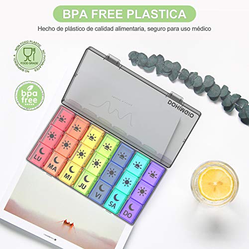 Pastillero Semanal Español 7 Dias, DOHIMGIO Organizador Medicamentos 3 Tomas Diaria con 21 Compartimentos