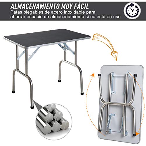 Pawhut, Mesa de Peluquería para Mascotas Acero Aluminio Placa Antiarañazos Caucho 90x60x75 cm