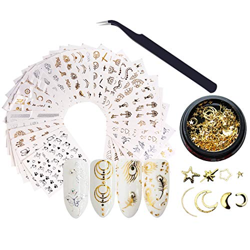 Pegatinas Uñas,JUSTDOLIFE 30 Hojas Pegatinas Uñas Decorativas 3D Pegatina Decoracion para las Uñas Decal DIY Etiqueta Decoración Arte Adhesivos Uñas Pegatinas con 1 cajas Diamantes de imitación