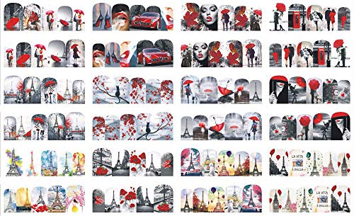 Pegatinas Uñas，Mwoot 24 Hojas Transferencia Agua Pegatinas Uñas Decorativas Nail Art Stickers Corazones sexy amor beso labios Decoracion,Calcomanías Uñas Etiquetas Engomadas